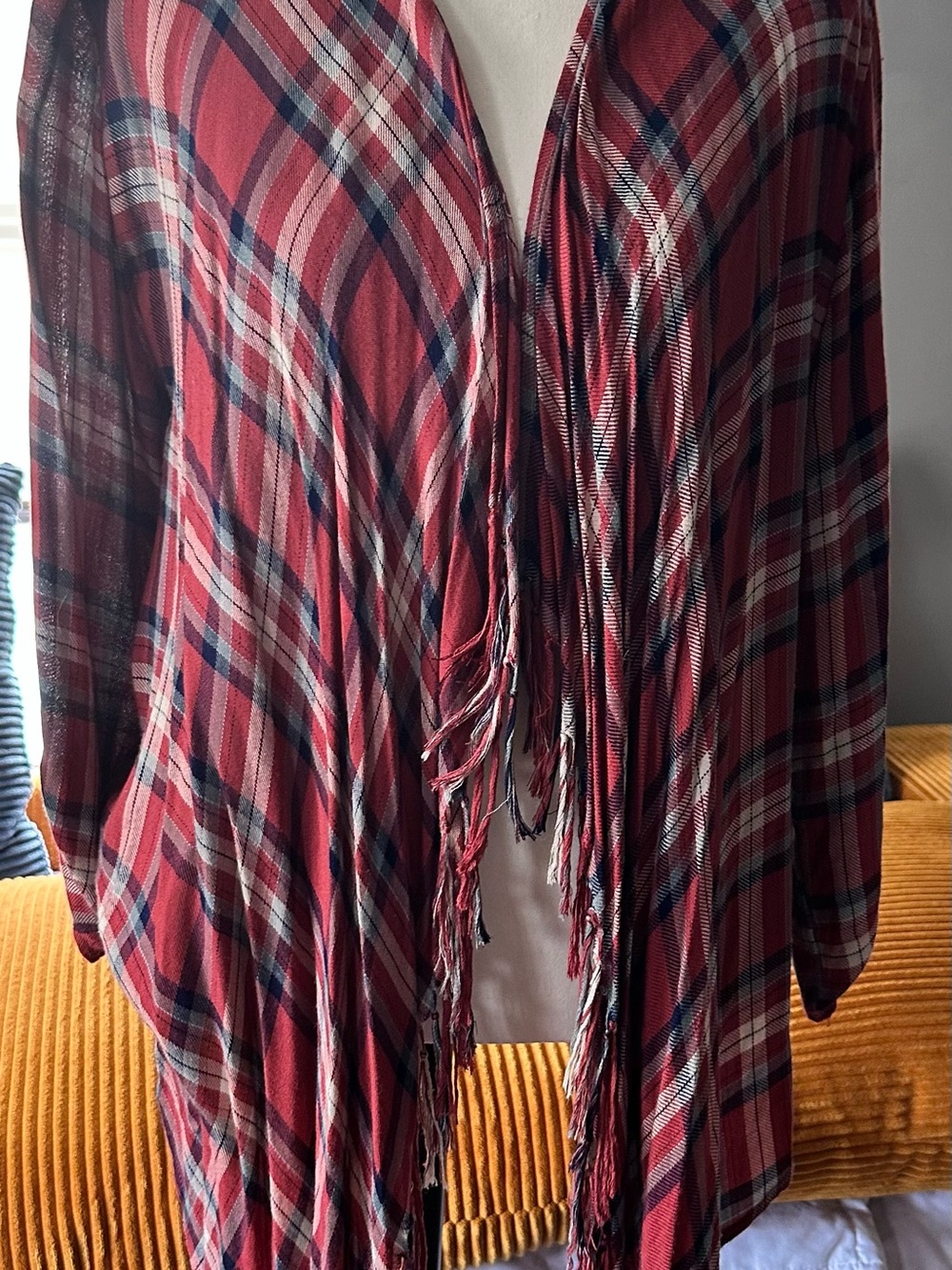 Daytrip Burgundy Plaid Fringe Open-Front Cape